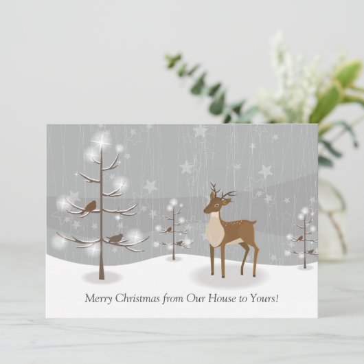 Cartes Pour Fêtes Annuelles Oiseaux de cerfs Snowflakes Forêt Noël (Debout devant)