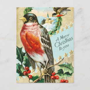 Cartes Pour Fêtes Annuelles Oiseaux de Noël Vintage et Neige d'hiver Holly