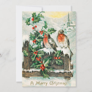 Cartes Pour Fêtes Annuelles Oiseaux de Noël Vintage et Neige d'hiver Holly