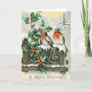 Cartes Pour Fêtes Annuelles Oiseaux de Noël Vintage et Neige d'hiver Holly