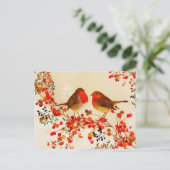 Cartes Pour Fêtes Annuelles Oiseaux d'hiver en or rouge Baies de houx Branches (Debout devant)