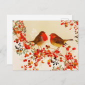 Cartes Pour Fêtes Annuelles Oiseaux d'hiver en or rouge Baies de houx Branches (Devant / Derrière)