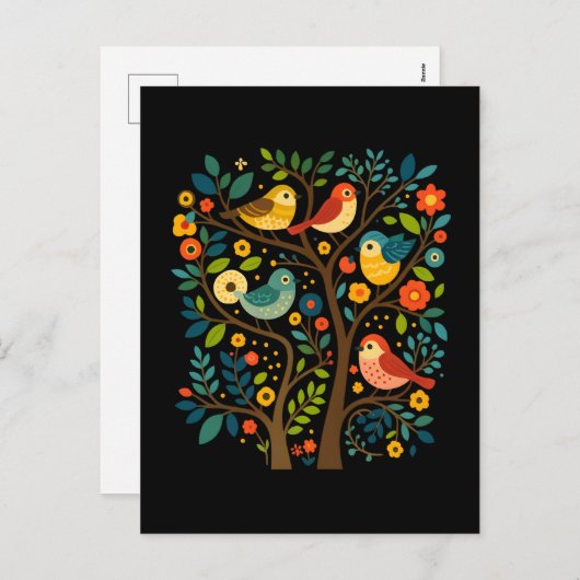Cartes Pour Fêtes Annuelles Oiseaux et fleurs Art populaire scandinave (Devant / Derrière)