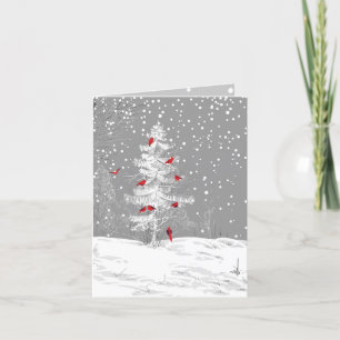 Cartes Pour Fêtes Annuelles Oiseaux rouges, Noël blanc, Pin neige,
