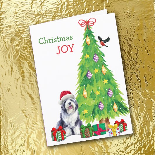 Cartes Pour Fêtes Annuelles Old English Sheepdog, Bird and Christmas Tree