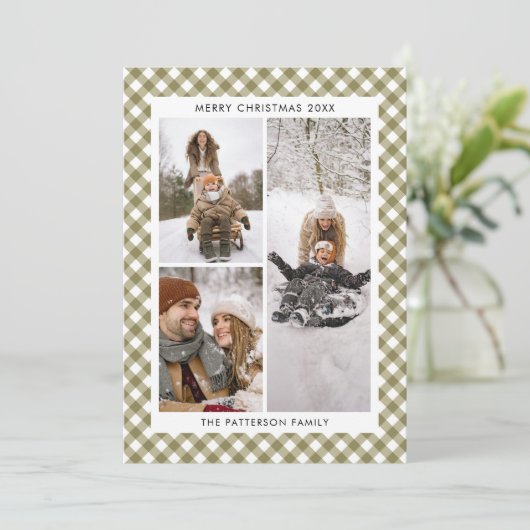 Cartes Pour Fêtes Annuelles Olive Vert En vichy Plat 3 Photo Noël (Debout devant)