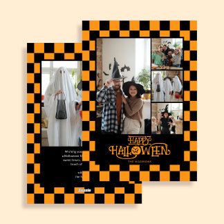 Cartes Pour Fêtes Annuelles Orange and Black Checkered 5 Photo Halloween