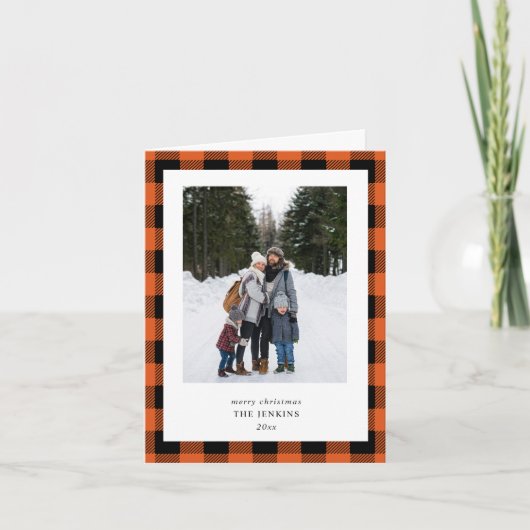 Cartes Pour Fêtes Annuelles Orange Black Buffalo Plaid 3 Photo Christmas (Devant)