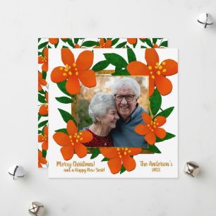 Cartes Pour Fêtes Annuelles Orange Red Floral Gold Frame Photo Noël
