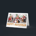 Cartes Pour Fêtes Annuelles Orange Typographie Happy Hanoukka Photo Collage<br><div class="desc">Heureux Hanoukka ! Carte de collage photo Happy Hanoukka personnalisable avec typographie simple orange et motif de neige. Personnalisez en ajoutant trois photos,  noms,  année et autres détails. Cette carte Hanoukka moderne est disponible en d'autres couleurs et en carton.</div>