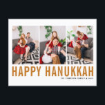 Cartes Pour Fêtes Annuelles Orange Typographie Photo Collage Happy Hanoukka<br><div class="desc">Heureux Hanoukka ! Carte postale personnalisable Happy Hanoukka avec typographie simple orange et motif de neige. Personnalisez en ajoutant trois photos,  noms,  année et autres détails. Cette carte postale Hanoukka moderne est disponible en d'autres couleurs et en carton.</div>