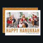 Cartes Pour Fêtes Annuelles Orange Typographie Photo Collage Happy Hanoukka<br><div class="desc">Heureux Hanoukka ! Carte de collage photo Happy Hanoukka personnalisable avec typographie simple orange et motif de neige. Personnalisez en ajoutant trois photos,  noms,  année et autres détails. Cette carte à plat Hanoukka moderne est disponible en d'autres couleurs et en carton.</div>