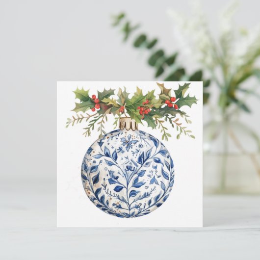 Cartes Pour Fêtes Annuelles Ornement Boule Chinoisserie Bleu avec Houx Vert (Debout devant)