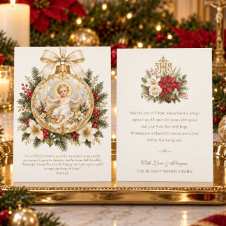 Cartes Pour Fêtes Annuelles Ornement catholique de Jésus bébé Nativité Florale