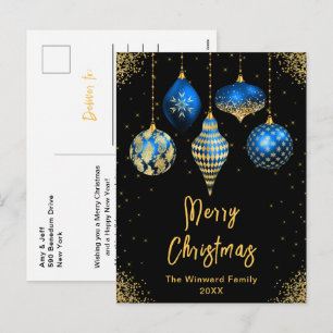 Cartes Pour Fêtes Annuelles Ornements Bleus et Dorés Joyeux Noël