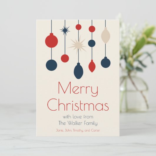 Cartes Pour Fêtes Annuelles Ornements Bleus Rouges Rétro Photo de Noël (Debout devant)