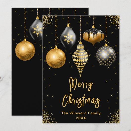 Cartes Pour Fêtes Annuelles Ornements noirs et dorés Joyeux Noël (Devant / Derrière)
