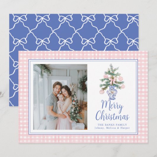 Cartes Pour Fêtes Annuelles Ornements Rose Preppy Arbre de Noël Aquarelle (Devant / Derrière)