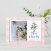 Cartes Pour Fêtes Annuelles Ornements Rose Preppy Arbre de Noël Aquarelle (Debout devant)