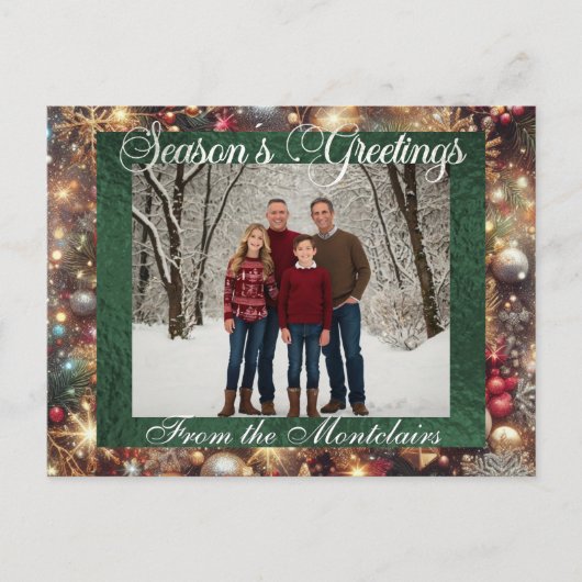 Cartes Pour Fêtes Annuelles Ornements, Script Argent & Photo encadrée - Vert (Devant)