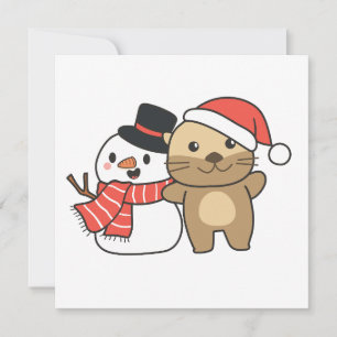 Cartes Pour Fêtes Annuelles Otter Avec Snowman En Hiver Pour Noël
