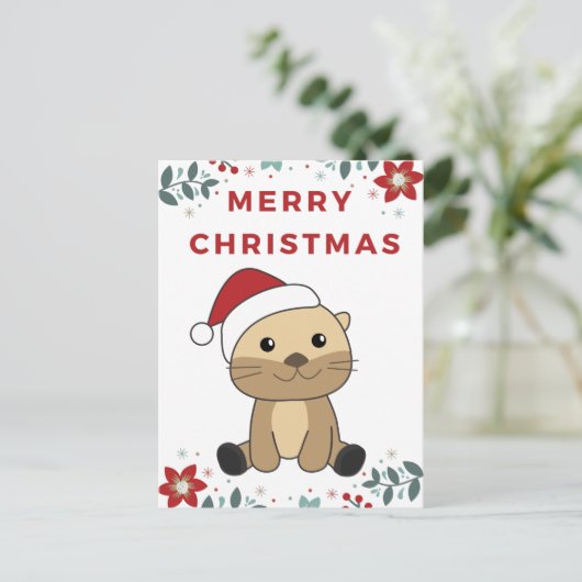 Cartes Pour Fêtes Annuelles Otter Noël Neige hiver Animaux Otter Holiday (Debout devant)