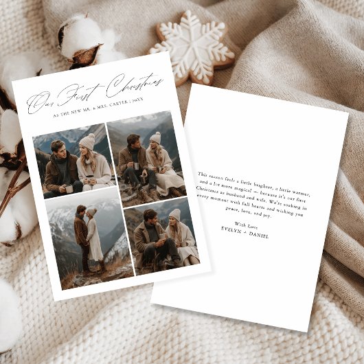 Cartes Pour Fêtes Annuelles Our First Christmas 4 Photo Script Newlyweds