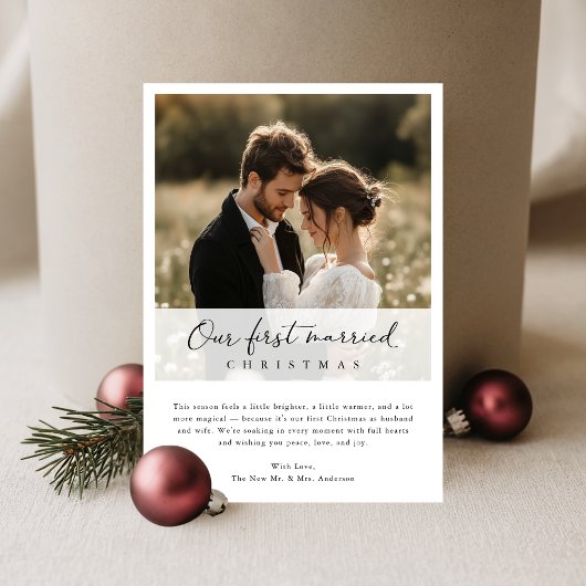 Cartes Pour Fêtes Annuelles Our First Married Christmas Elegant Script Photo