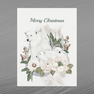 Cartes Pour Fêtes Annuelles Ours blanc de Noël Aquarelle florale