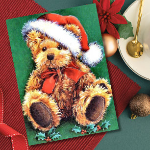 Cartes Pour Fêtes Annuelles Ours de Noël Vintage portant le chapeau du Père No