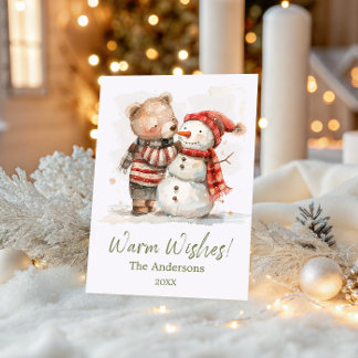 Cartes Pour Fêtes Annuelles Ours en aquarelle mignon et bonhomme de neige | Vœ