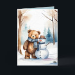 Cartes Pour Fêtes Annuelles Ours En Jouet De Noël Et Snowman<br><div class="desc">Joli ours en peluche marron à l'eau dans les bois d'hiver avec bonhomme de neige. Le texte est modifiable.</div>