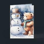 Cartes Pour Fêtes Annuelles Ours En Jouet De Noël Et Snowman<br><div class="desc">Ours en peluche marron à l'aquarelle mignon en flocons de neige avec bonhomme de neige. Le texte est modifiable.</div>