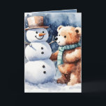 Cartes Pour Fêtes Annuelles Ours en peluche de Noël avec Snowman<br><div class="desc">Ours en peluche marron à l'aquarelle mignon avec bonhomme de neige et flocons de neige Texte modifiable.</div>
