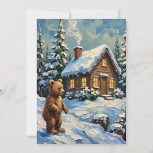 Cartes Pour Fêtes Annuelles Ours en peluche vintage à la cabane de pin de Noël