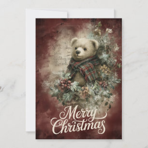 Cartes Pour Fêtes Annuelles Ours en tartan & Couronne de poinsettias