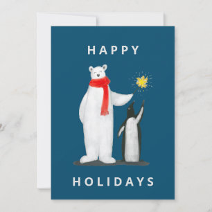 Cartes Pour Fêtes Annuelles Ours & manchot sur fond bleu 