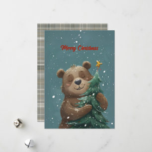Cartes Pour Fêtes Annuelles Ours mignon et joyeux qui embrasse l'arbre de Noël