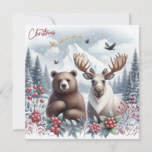 Cartes Pour Fêtes Annuelles Ours, orignal et belle nature à Noël (Devant)