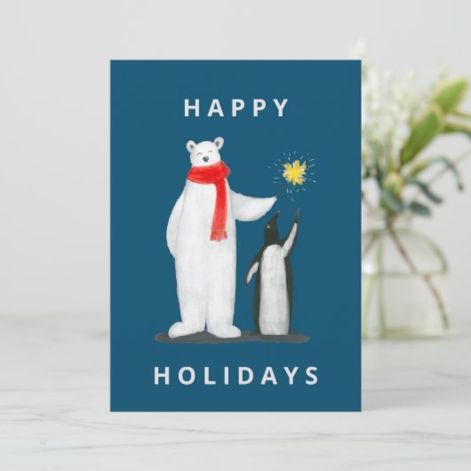 Cartes Pour Fêtes Annuelles Ours & Pinguin sur fond bleu (Debout devant)