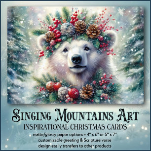 Cartes Pour Fêtes Annuelles Ours polaire Festif Holly Couronne Noël chrétien