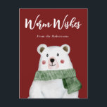 Cartes Pour Fêtes Annuelles Ours polaire portant une écaille verte Laisser nei<br><div class="desc">Ce petit ours blanc à l'aquarelle douce est revêtu d'une écharpe verte et prêt à célébrer les fêtes. Utilisez ces cartes postales pratiques pour rendre les cartes de vacances un peu plus facile cette année.</div>