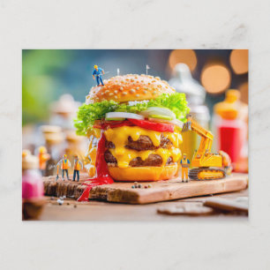 Cartes Pour Fêtes Annuelles ouvriers miniatures construisant cheeseburger avec