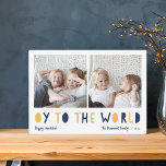 Cartes Pour Fêtes Annuelles Oy to the World | 2 Hanoukka photo<br><div class="desc">Whimsical Hanoukka carte photo présente deux de vos photos de famille préférées dans un format carré aligné côte à côte. "Oy to the World" apparaît sous la forme de lettres découpées bleu et jaune doré. Personnalisez avec votre nom de famille ou vos noms, des salutations personnalisées et l'année le long...</div>