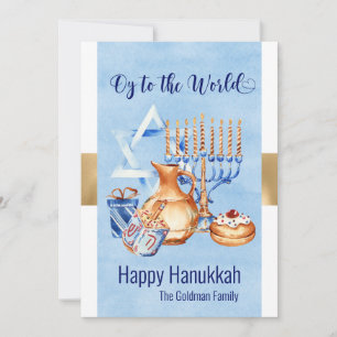 Cartes Pour Fêtes Annuelles Oy to the World Blue Gold Hanoukka