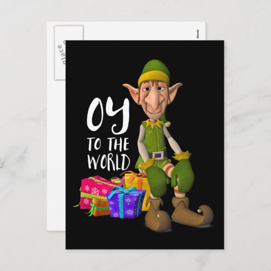 Cartes Pour Fêtes Annuelles Oy to the World Funny Elf Christmas (Devant / Derrière)