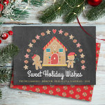Cartes Pour Fêtes Annuelles Pain d'épices Maison de sucré Voeux Chalkboard Fes<br><div class="desc">"Souhaits De Vacances Douces". Une jolie maison de pain d'épice, fille et garçon de pain d'épices, étoiles, coeurs et bonbons, avec typographie de script ludique, superposent un arrière - plan de tableau noir gris charbon et vous aident à inaugurer la saison des fêtes. Un motif de bonbons à la menthe...</div>