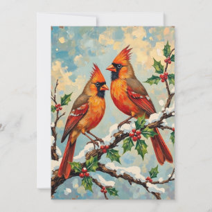 Cartes Pour Fêtes Annuelles Paire de cardinaux vintage sur branche de houx enn