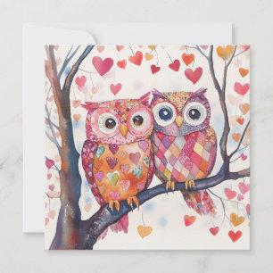 Cartes Pour Fêtes Annuelles Paire de hiboux en patchwork aquarelle pour la Sai