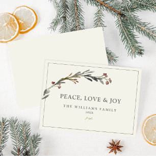 Cartes Pour Fêtes Annuelles Paix Amour et Joie Baies Rouges Verdure